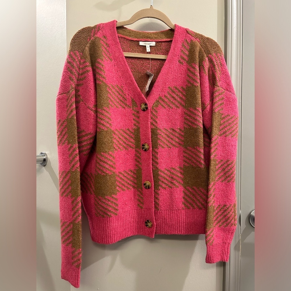 Maurices Pink and Brown Plaid Cardigan Sweater